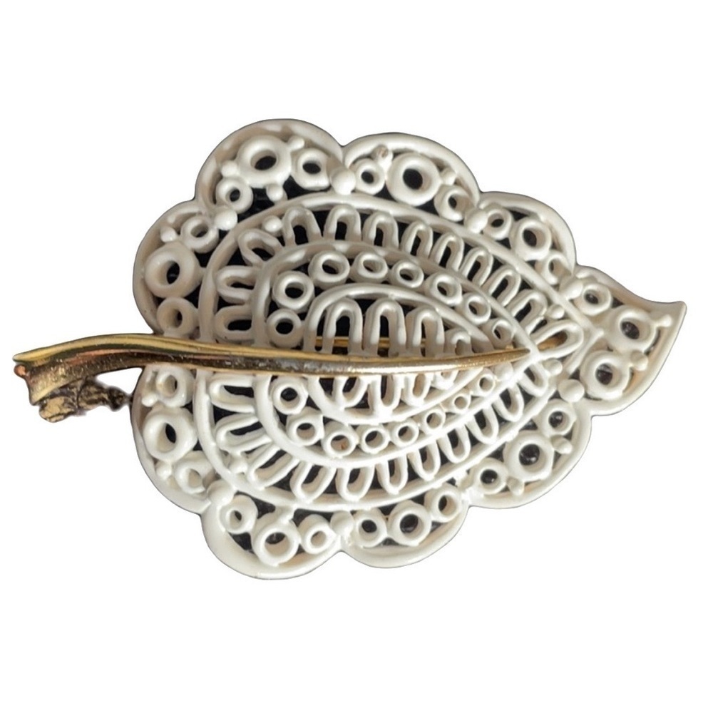Monet White Enamel Leaf Brooch